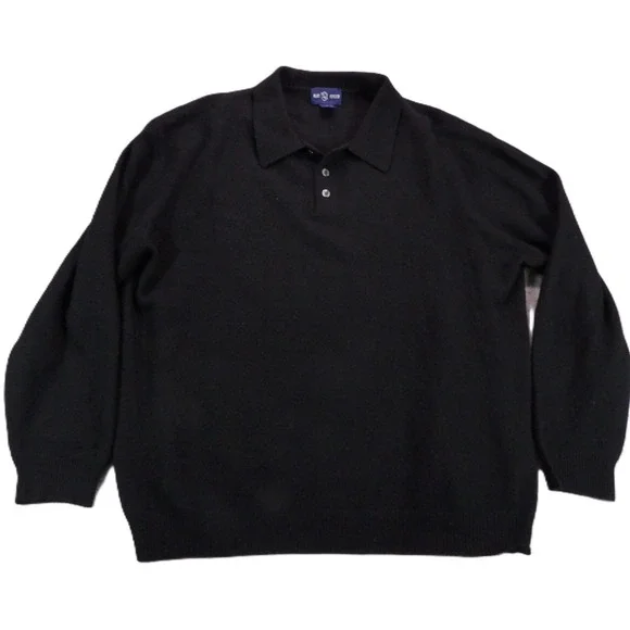 Alan Flusser Cashmere Polo Sweater Men XL Black Long Sleeve Button Neck Knit Top