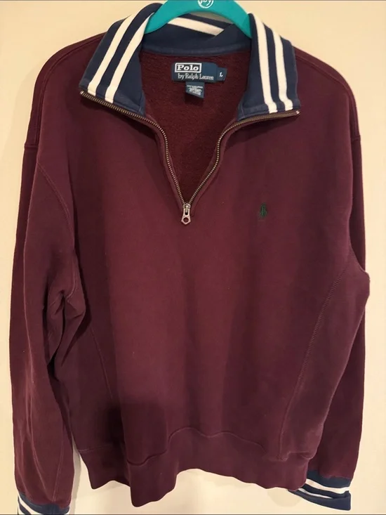 Polo by Ralph Lauren Men's Burgundy Half-Zip Pullover with Navy Trim L