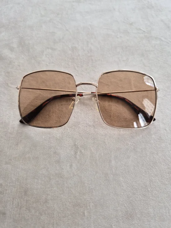 Gold Square Wire Frame Sunglasses with Brown Tinted Lenses