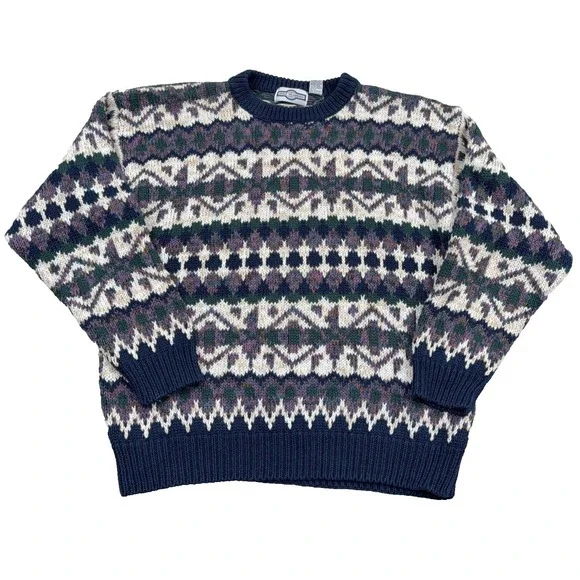 Vintage Grandpa Sweater Men Large Blue Geometric Heavy Knit Crewneck Cotton 90s