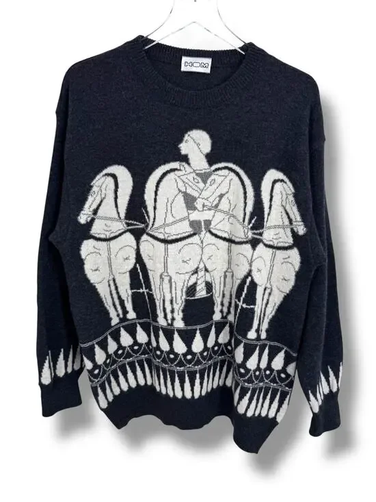 HOM sweater XL lambswool crew pullover equestrian horse chariot Italy gray white