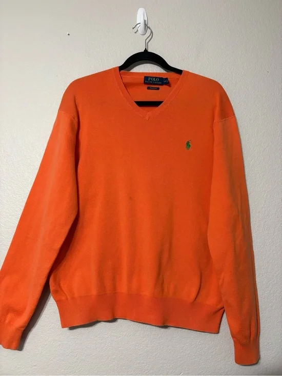 Men’s Polo Ralph Lauren Orange V-Neck Pima Cotton Sweater with Green Pony L