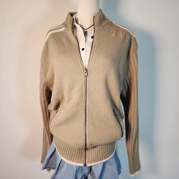 Vintage Live Mechanics Full Zip Knit Cardigan Sweater Menswear Striped Accents M