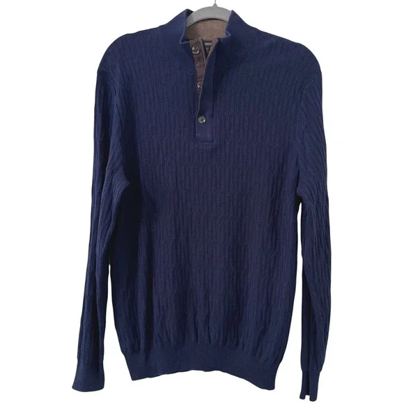 Tasso‎ Elba Mens Sweater Large Navy Blue Supima Cotton Cable Knit Mock Neck