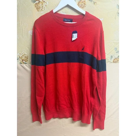 Nautica Mens Red Navy Blue Stripe Crewneck Knit Sweater Large NWT