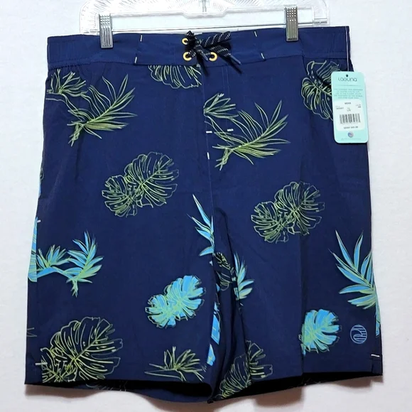 Men's Blue Laguna‎ Swim Shorts with Green Leaf Print SIZE L #712
