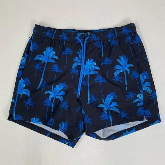 Surfcuz‎ Swim Trunks Blue Palm Print Drawstring Waist Medium