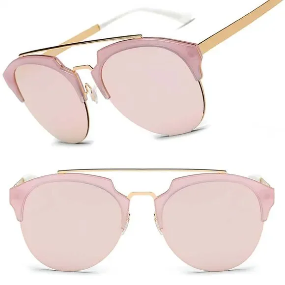 Womens Pink Mirrored Cat Eye Sunglasses Gold Tone Half Frame UV400