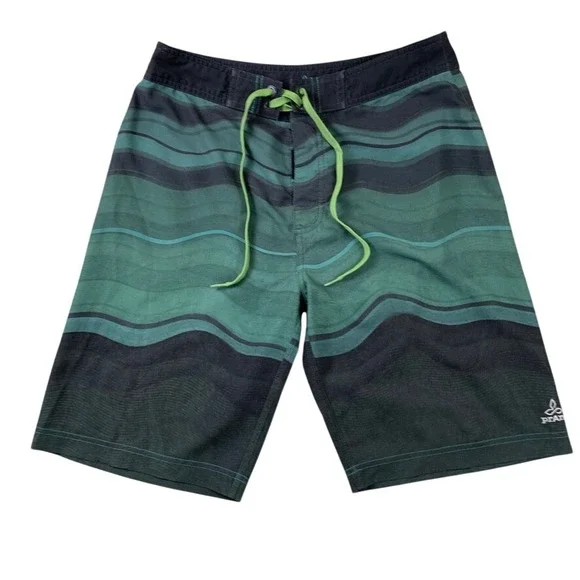 PrAna Mens Board‎ Shorts Green Black Wavy Stripe Swim Trunks Size 32