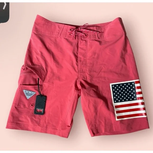 Columbia PFG Fish Series USA Flag Board Shorts Sz 36 Red Omni-Wick Bottle Opener