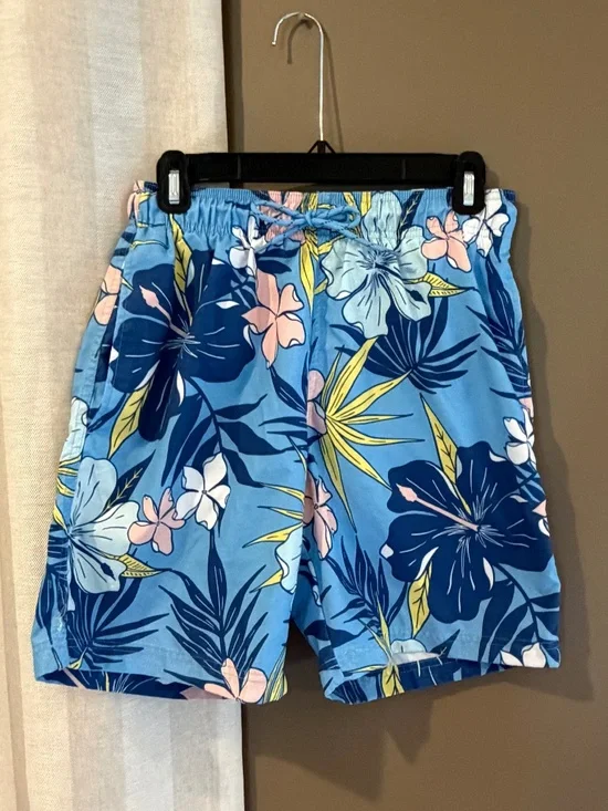 George Men's Short Swim Trunks, Tropical Floral Blue Pink, Size 30