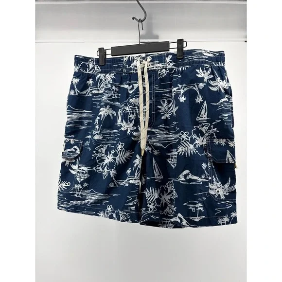 Caribbean Joe, Blue Swim Shorts, Swimwear Hawaiian, Tropical, Men's Size XL