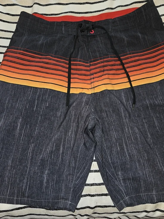 Men's Striped Sunset Board Shorts - Black with Orange/Yellow Stripe