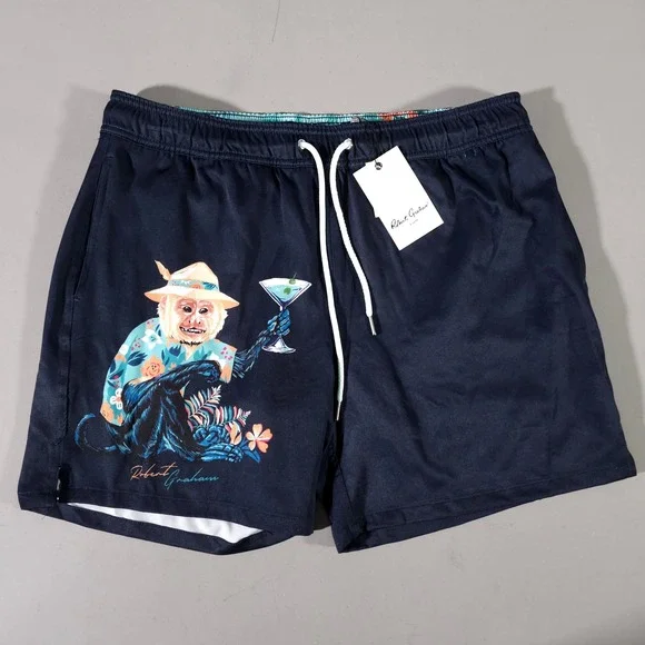 Robert Graham Swim Trunks Mens Medium Navy Blue Monkey Business Martini SMRG112