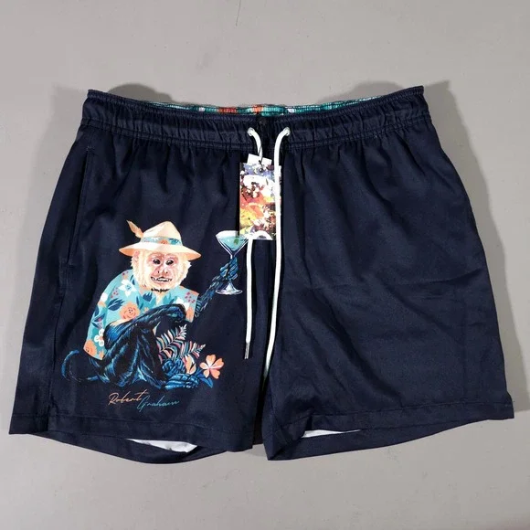 Robert Graham Swim Trunks Mens Large Navy Monkey Business Martini Board Shorts