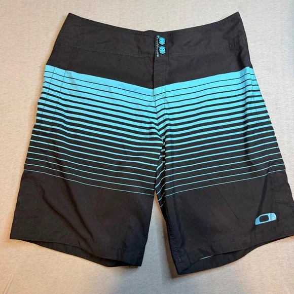 Oakley Mens Board Shorts Size 30 Black Turquoise Striped Swim Trunks Surfwear
