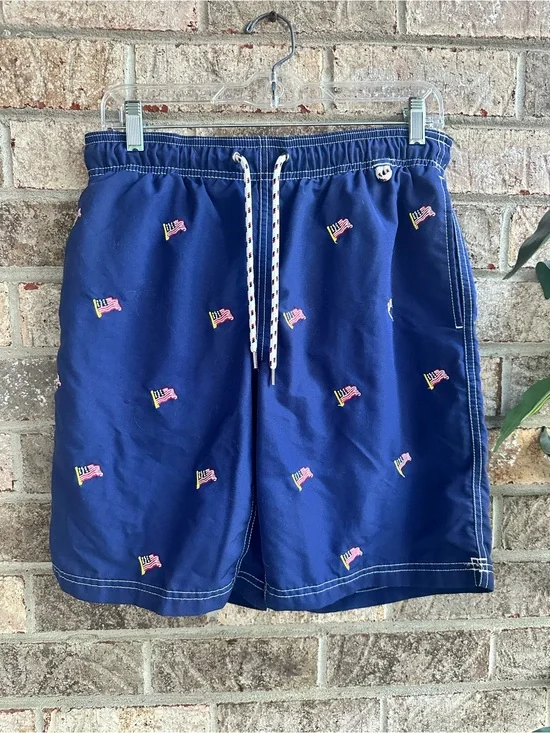 Lands End Patriotic 4th of July blue Embroidered USA Flag Swim Trunks Shorts