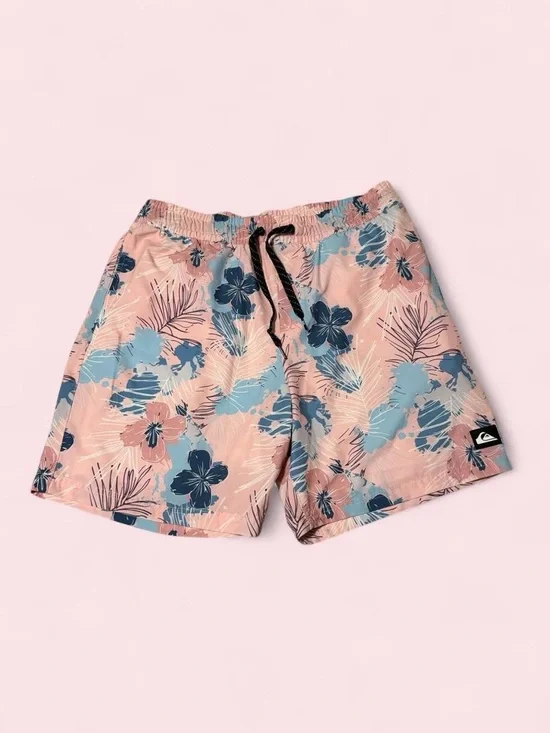 Quiksilver Men's Pink Floral Swim Hybrids with Blue Accents