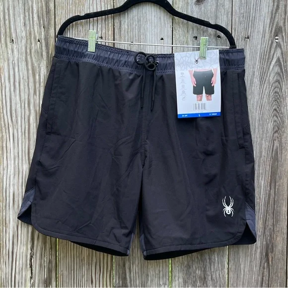 SPYDER Swim Trunks Board Shorts Lined Zip Pocket Black Mens Large NWT NEW