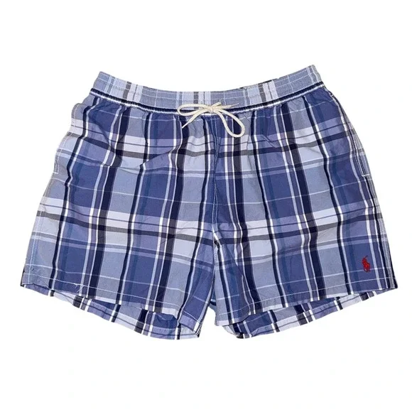 Polo Ralph Lauren Swim Trunks Mens XL Blue Plaid Vtg Mesh Lined Shorts