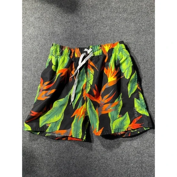 Island Haze Mens Tropical Bird of Paradise Swim Trunks Black Floral Medium