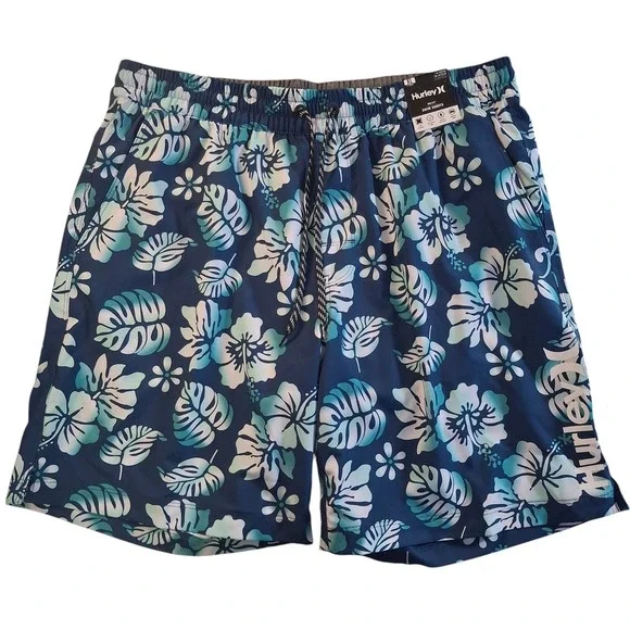 Hurley Volley Swim Trunks Mens XL Navy Blue Teal Floral Tropical Board Shorts