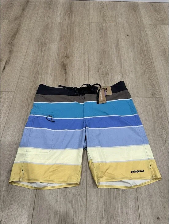 NWT Patagonia Stretch Planing Board Swim Shorts Giant Stripe Mako Blue Men’s 34