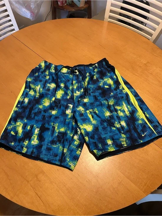 Nike Men’s Blue, Black & Neon Yellow Patterned Swim Shorts