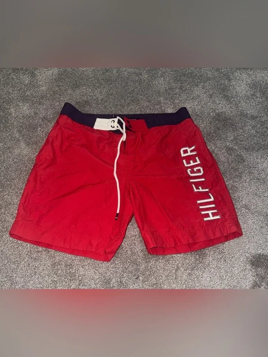 Tommy Hilfiger Men's Swim Shorts M Red Logo Drawstring Mesh Lined #tommyhilfiger