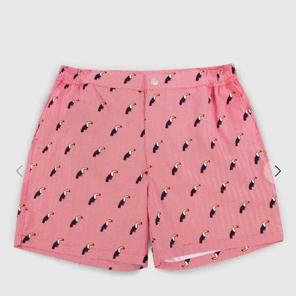 Bozeman Toucan Chevron Swim Trunks Mens Size L Red White Tropical Beach Shorts