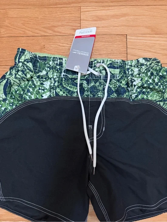 Speedo Black Swim Shorts with Green Patterned Waistband