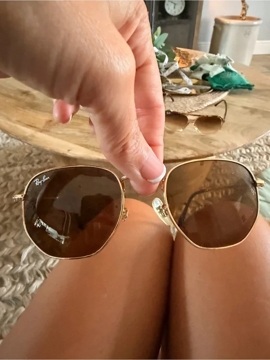 Ray-Ban Gold Frame Brown Lens Hexagonal Sunglasses RB3648-N