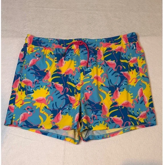 NWT SurfCuz Mens Flamingo Tropical Swim Trunks Blue Yellow XXL  5 Inseam