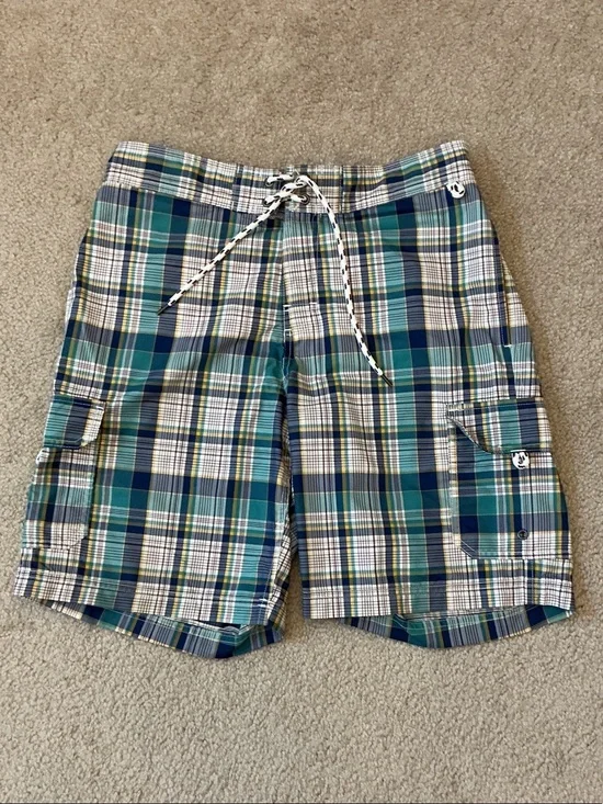 Lands' End Men's Plaid Swim Board Shorts in Teal, Navy & White - Size M 32-34