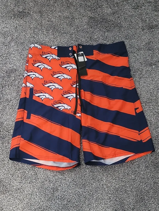 Team Apparel Navy and Orange Striped Men's Board Shorts with Logo Panel