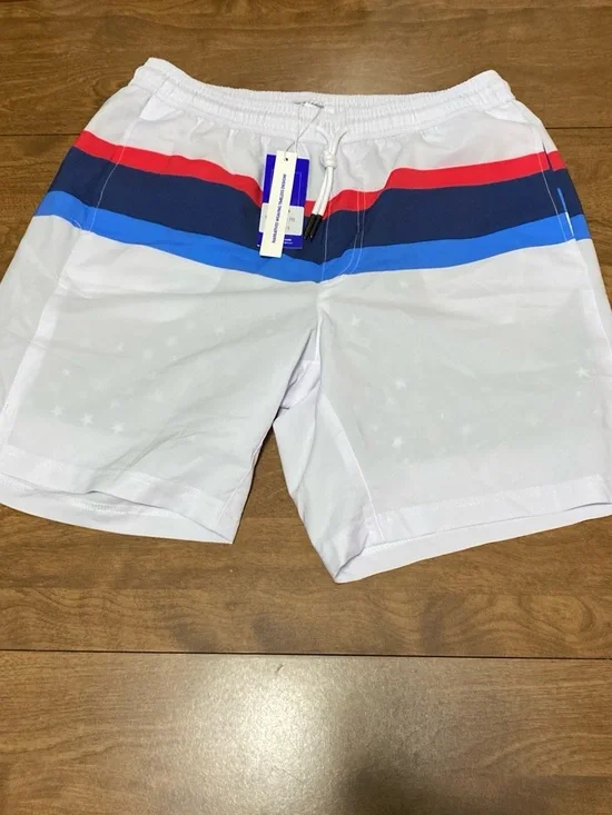Men's White Swim Trunks with Red, Navy and Royal Blue Stripes