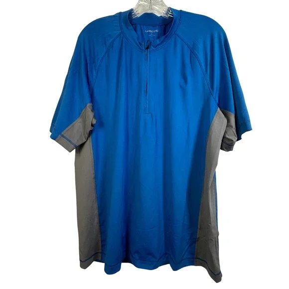 Lands End Mens Blue Gray Quarter Zip Short Sleeve Rash Guard Swim Shirt L 42-44