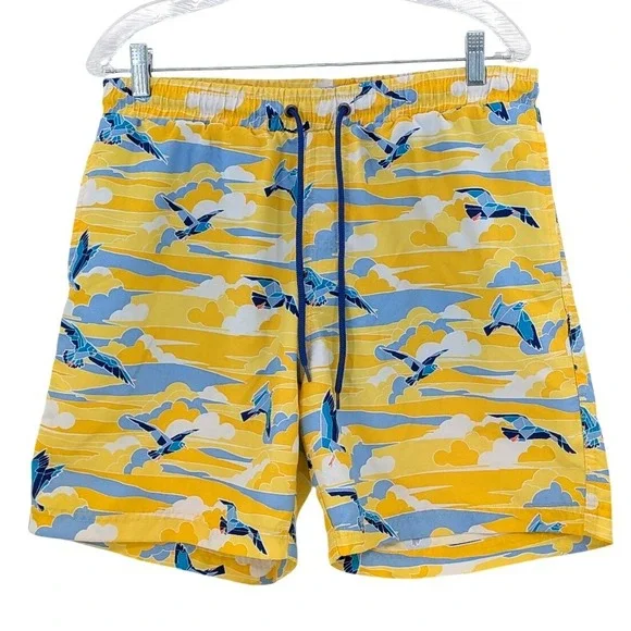 Coastal Preppy Seagull Print Swim Trunks Club Room Yellow Blue Size M‎