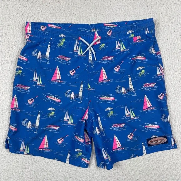 Vineyard Vines Swim Trunks Mens M Blue Nautical Sailboat Guitar Chappy Shorts