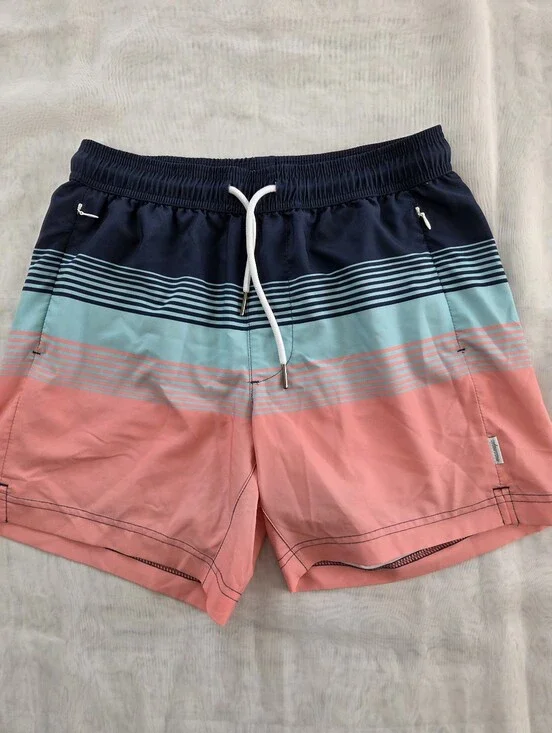 Maamgic Men's Striped Swim Trunks - Navy, Aqua & Coral With Undershorts Pockets