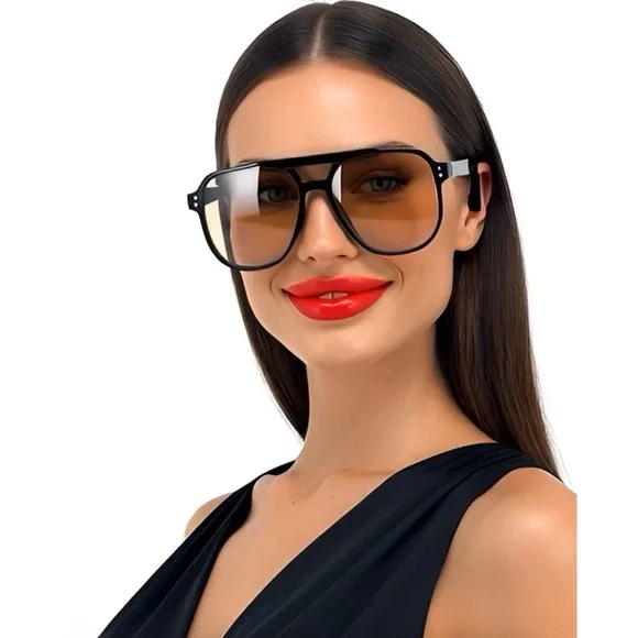 Oversized Square Aviator Sunglasses Black Frame Amber Tint Lens Flat Top‎ Retro