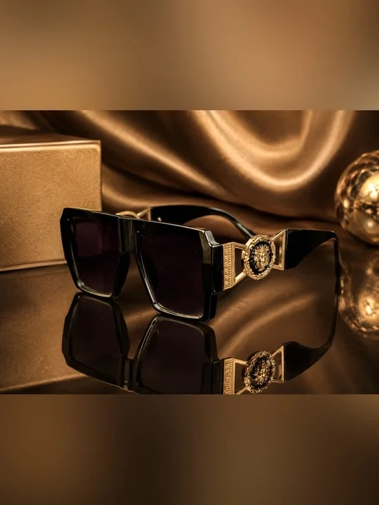 Black Medusa Sunglasses with Gold Medallion Accent