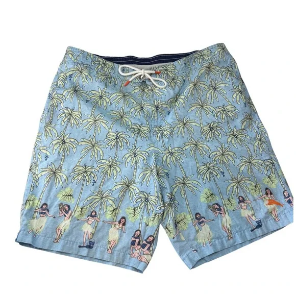 Tommy Bahama Mens Blue Hula Girl Hawaiian Swim Board Shorts Large Mesh Lined
