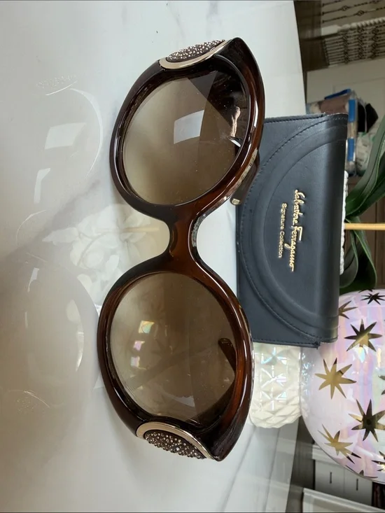 Salvatore Ferragamo Brown Crystal-Embellished Oversized Sunglasses
