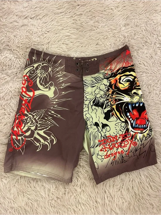 Ed Hardy Brown, Cream & Red Tiger Graphic Board Shorts