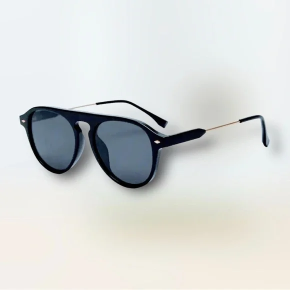 NEW Black / Gold Frames with Black Lenses Round Brow Bridge Retro Unisex Shades
