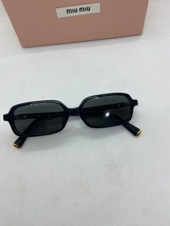 New Miu Miu Black Acetate Rectangle Sunglasses with Gold Logo