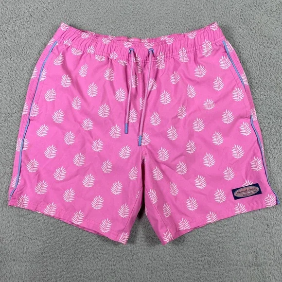 Vineyard Vines Chappy Swim Trunks Men Small Pink Palm Leaf Stretch 7 Inch Inseam