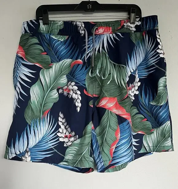 Reyn Spooner Men's Swim Trunks XL Navy Blue Tropical Palm Leaf Beach Shorts 7in