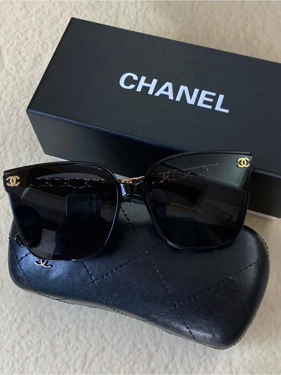 Chanel Black Cat-Eye Sunglasses with Gold CC Accents